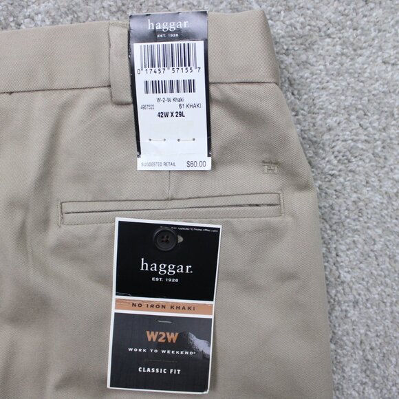 Haggar Work 2 Weekend Pants NWT Mens 42x29 Beige No Iron Classic Fit Chino - Picture 1 of 16